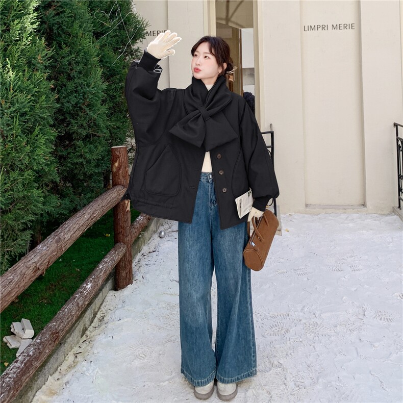 韩系拼接撞色格子围巾短款羽绒服女2025冬立领宽松小个子减龄外套,女装羽绒服,艾米莉亚