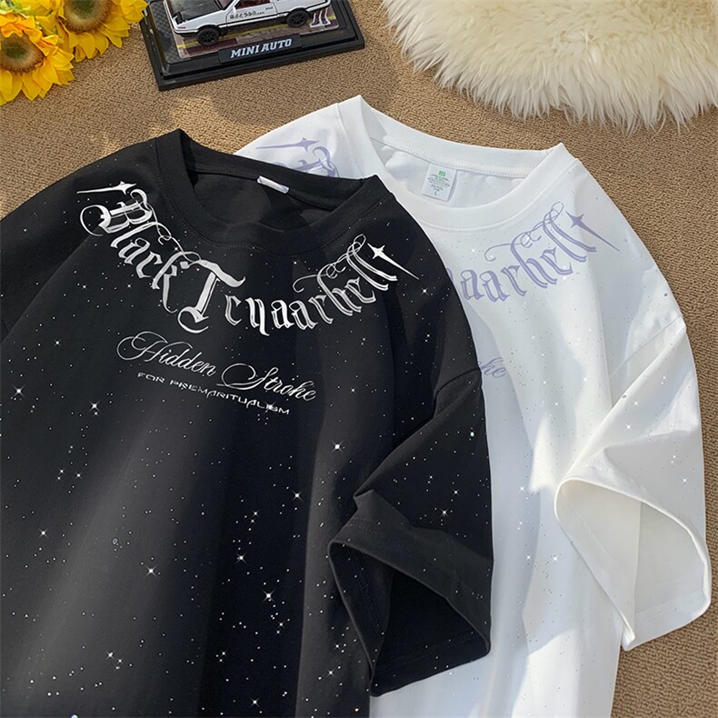 量大优供抖音视频支持得物配合二开美式满天星亮片短袖T恤MTX125,男装T恤,电商A486
