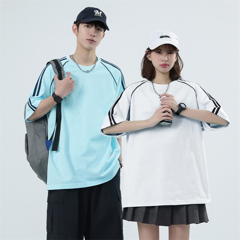 T8929-P42 M-6XL280克大码撞色插肩袖美式重磅男女同款短袖T恤图片