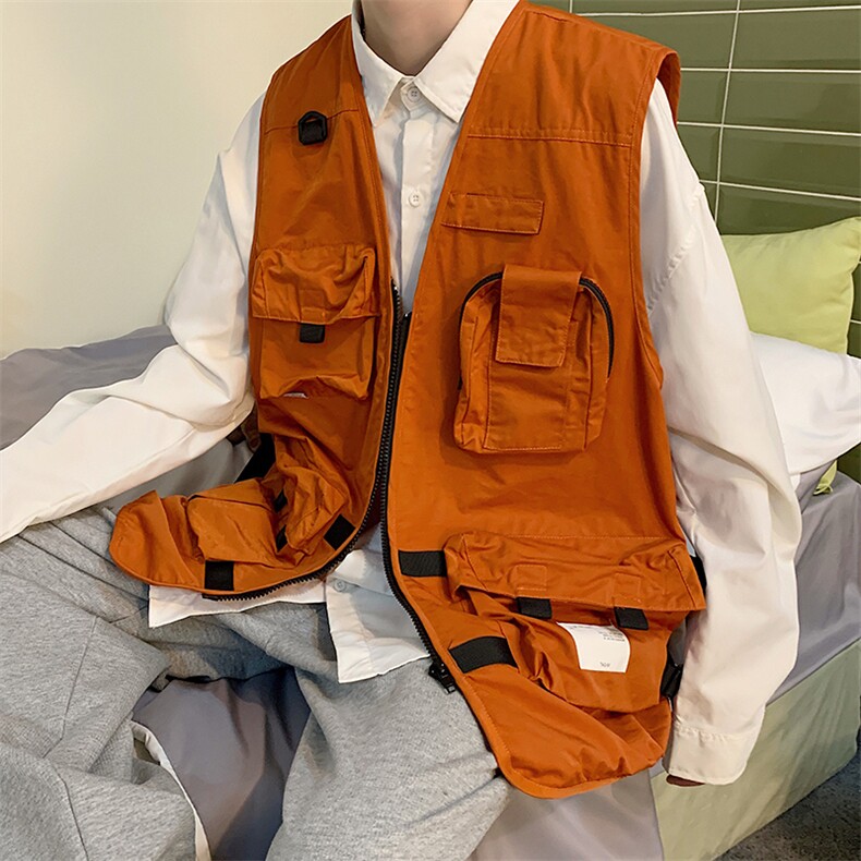 7XL-M港风机能工装马甲男2021秋季新款潮牌V领无袖加肥加大码外套图片