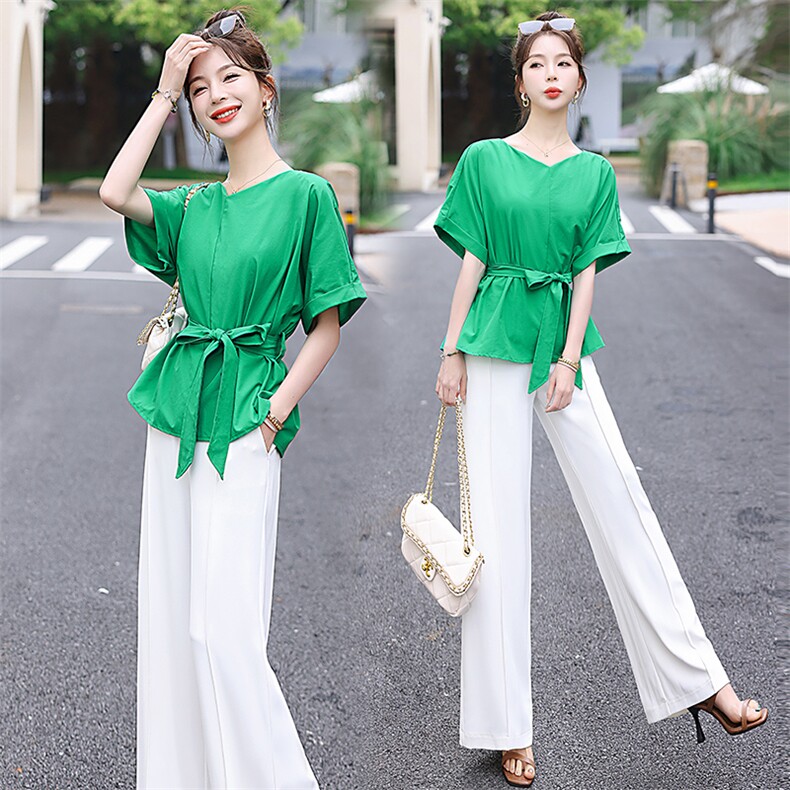 日系V领宽松小衫系腰带绿色大码短袖上衣胖妹妹女夏季百搭，女装套装/套裙，水衣源