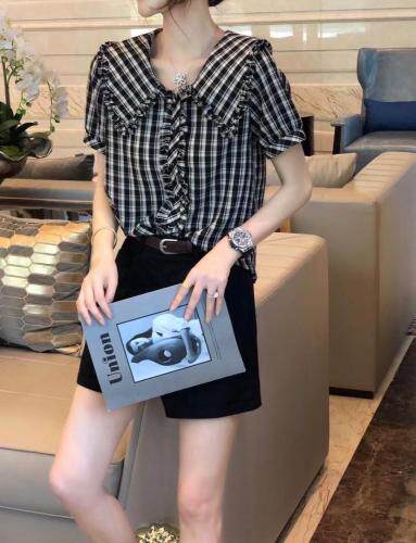 夏季娃娃领黑白格衬衫，女装衬衫，斐媞梦 FTM