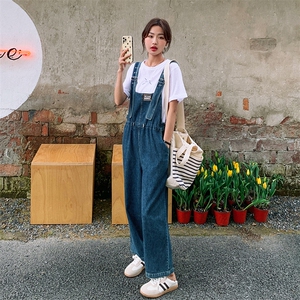 2023夏季新款休闲宽松显瘦牛仔松紧背带裤配纯色短袖T恤两件套女图片