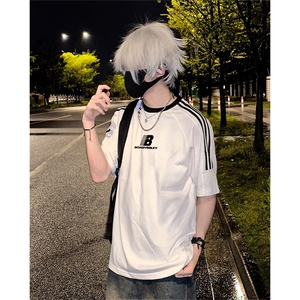 抖音得物供货240克宽松纯棉美式潮牌印花三杠半织带短袖T恤AT1605图片