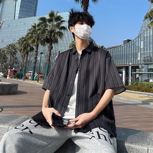 花衬衫男短袖夏季条纹休闲上衣服外套翻领大码衬衣A012/863P35