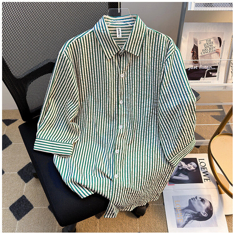 气质百搭新款原宿简约休闲条纹翻领短袖衬衫SC235P35，男装T恤，星座1013-1