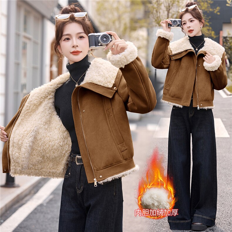 2025冬季新款复古短款皮毛一体，女装羊羔毛/颗粒绒，伊航服饰