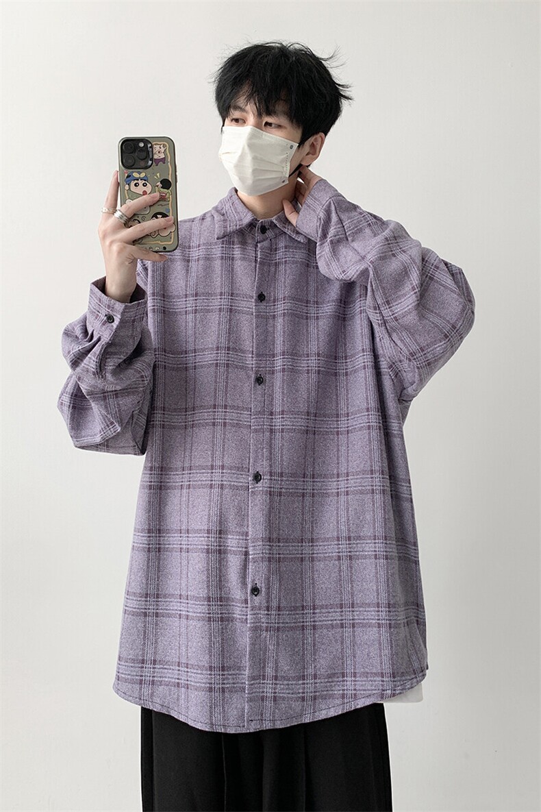 宽松格子衬衫男生紫色衬衣厚款KD622-P30,男装衬衫,电商D312-1