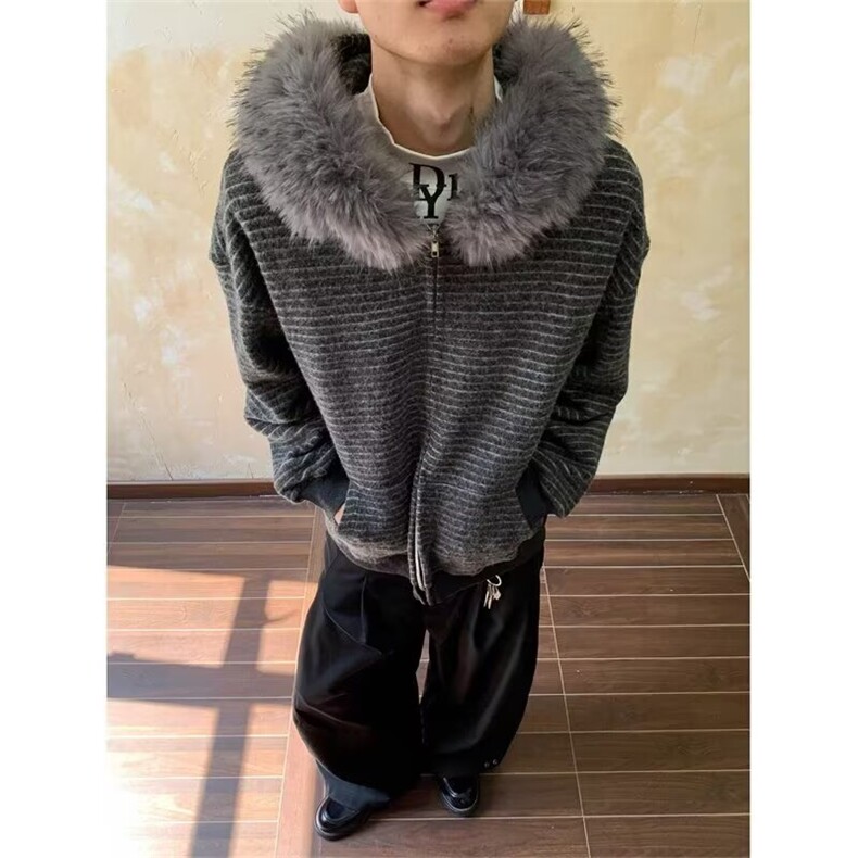 美式潮流新款开衫卫衣慵懒ins时尚百搭毛领连帽外套男LJ7522-P65,女装短外套,星座1008