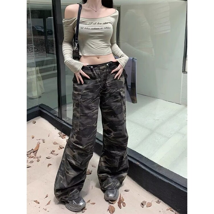辣妹高腰迷彩工装裤宽松显瘦牛仔裤女夏季休闲阔腿裤直筒裤长裤子,女装休闲裤,星座218-8