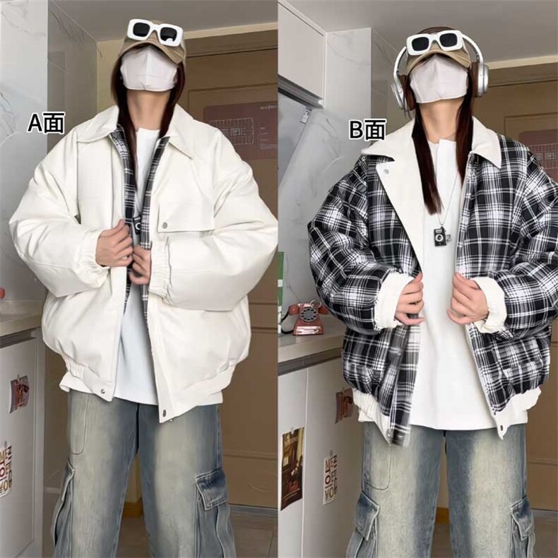 秋冬数据新款双面穿格子皮棉衣美式翻领百搭休闲棉服MF1088P110,男装皮衣,电商A128