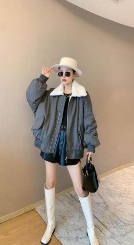仿羊羔毛领短款派克服，女装，肆尔