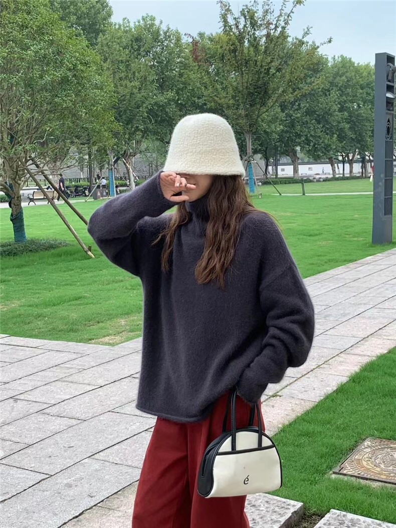时尚百搭经典加厚卷边高领羊毛衫显瘦修身红色长袖毛衣,女装羊毛衫,圣旺供货