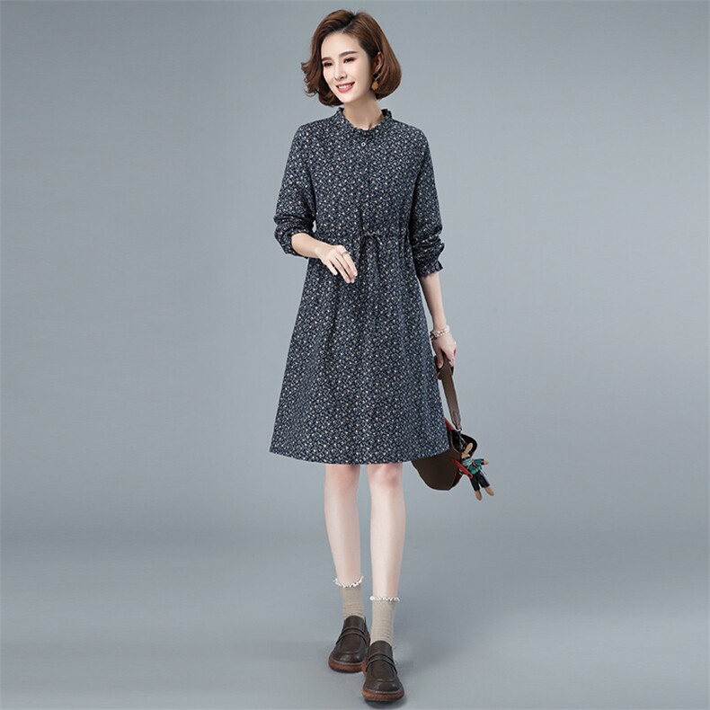 2021新款早春中长款连衣裙女长袖小碎花宽松腰制抽绳,女装连衣裙,涵誉