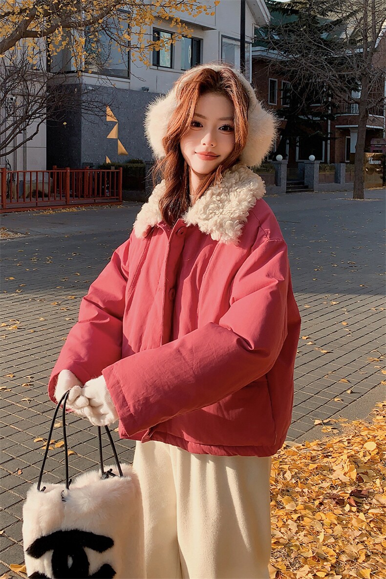 新款现货玫红色羊羔毛拼接羽绒服515-P225-K338(50绒）,女装羽绒服,2C007