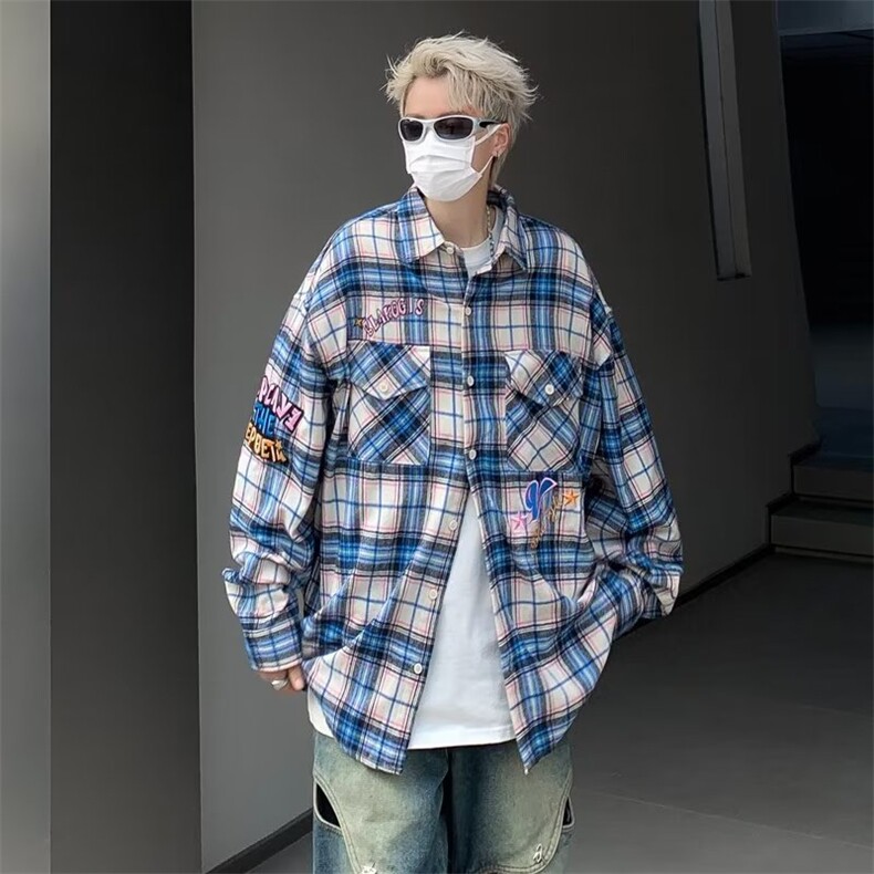 高街潮刺绣字母格子衬衫男高级感小众宽松休闲C111-P43,男装衬衫,星座1109-3