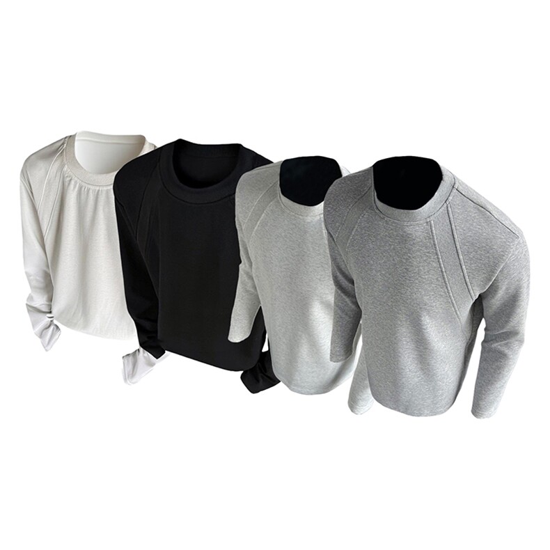 抖音得物品质26春装美式高街宽松曼巴棉螺纹拼接卫衣圆领长袖T恤,男装T恤,电商A443