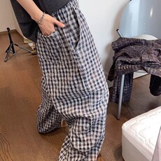 复古格子木耳边阔腿裤女夏薄款窄版宽松小个子直筒冰丝棉麻九分裤，男装休闲裤，星座1210-1