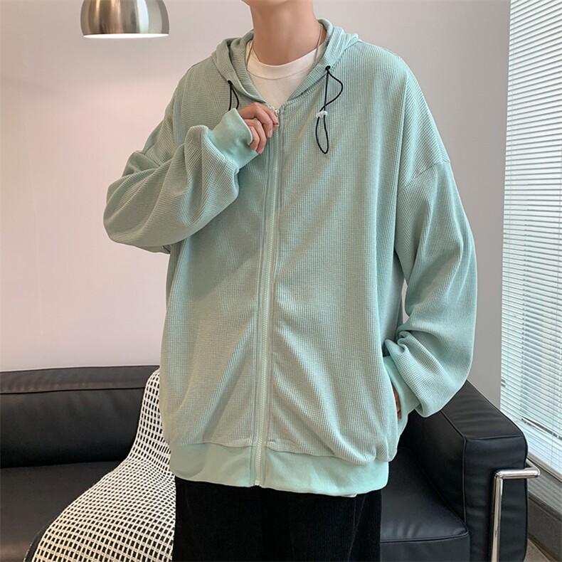 男夹克青少年春季连帽华夫格开衫外套J09P35图片