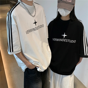 美式短袖 三条杠织带情侣短袖T恤男女宽松重磅体恤上衣G1080 P35图片