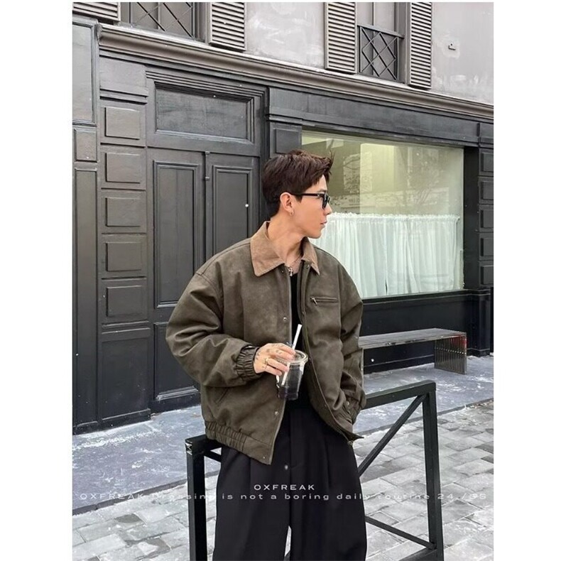 W9427-P85网图现货新款美式街头拼接皮衣外套宽松休闲复古夹克,男装皮衣,星座1608-2