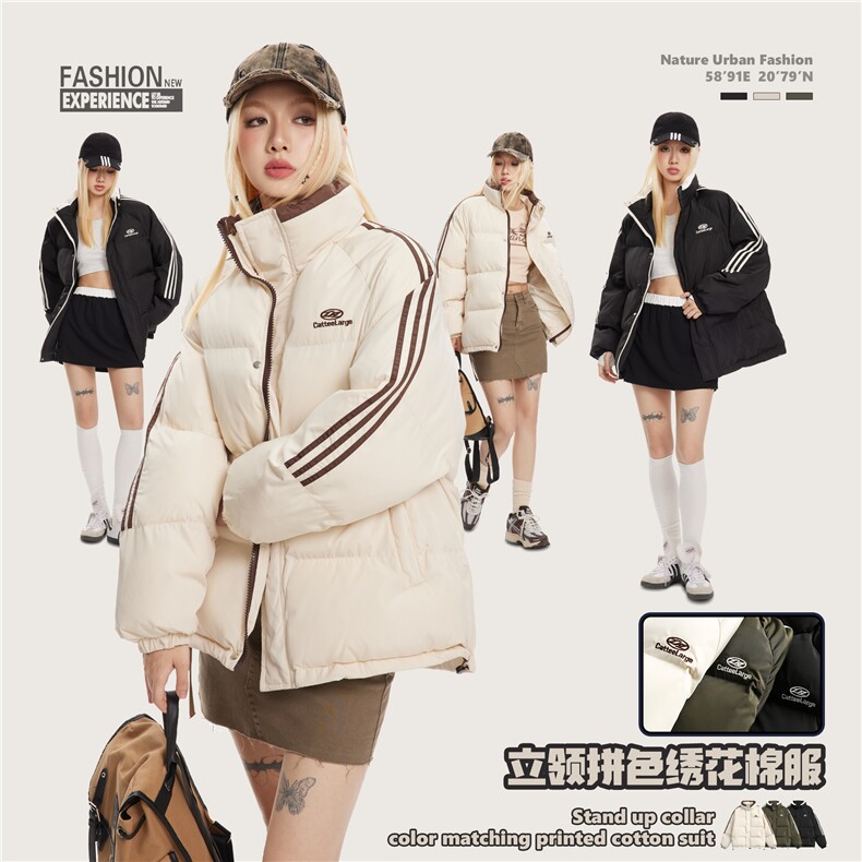 2025冬侧边条纹立领拼色印花棉服-5158模特图 控价198图片