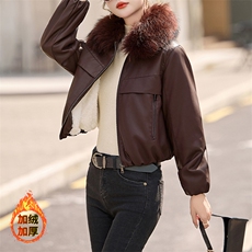 安可拉红加绒加厚短款皮衣外套女款2024冬季新款真毛领皮棉服夹克，女装皮衣，潮流依族