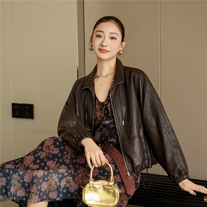 【大量现货】休闲立领PU皮衣女短款宽松百搭小个子老钱风夹克外套,女装皮衣,韩蔻秀