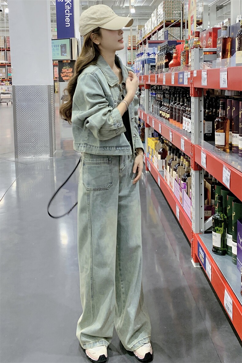 （新款现货）2026春装时尚休闲宽松牛仔外套阔腿裤套装（两件套）,女装套装/套裙,印象茜