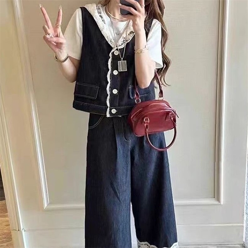 蕾丝拼接牛仔马甲背心白T九分阔腿裤时尚三件套套装女，女装套装/套裙，韩蔻秀