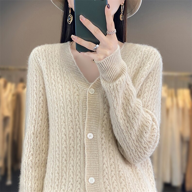 秋冬新款V领100%纯羊毛长袖镂空开衫女宽松慵懒羊绒针织上衣外套,女装羊毛衫,琳尚羊绒