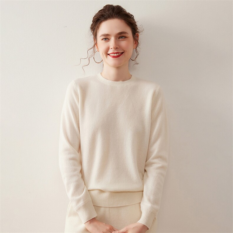 秋冬新款纯色圆领针织套头上衣时尚百搭，女装针织衫/毛衣，绒盛美羊绒