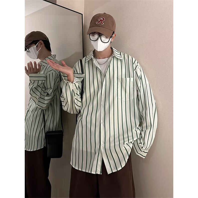 日系复古长袖衬衫外套宽松百搭条纹衬衣ins百搭潮牌男士C663P30图片