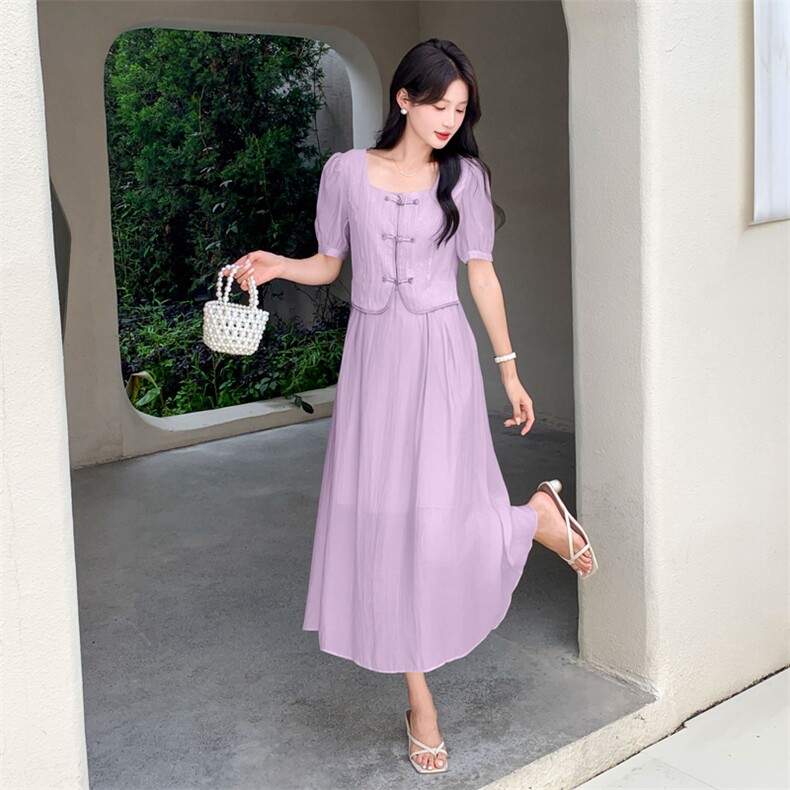 现货新中式气质假两件套连衣裙女2024夏季新款复古元素改良旗袍，女装连衣裙，然然