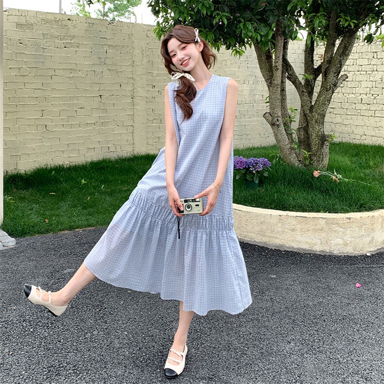 甜美格子连衣裙女2025夏季新款气质休闲无袖背心裙宽松显瘦长裙子,女装连衣裙,浙宝220