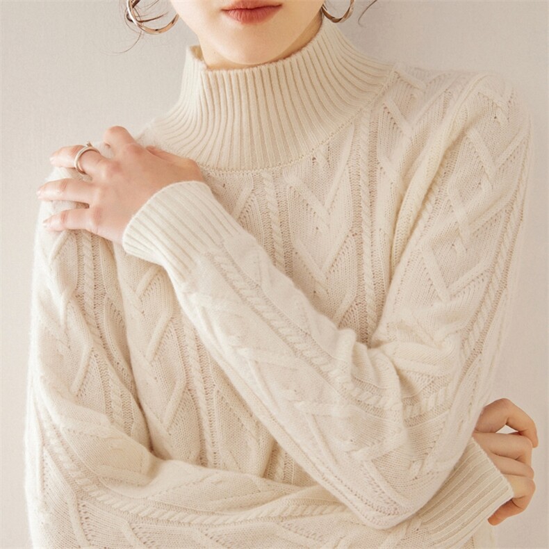 2024秋装新款半高领麻花纹35%羊绒衫，女装羊绒衫，旭友羊绒