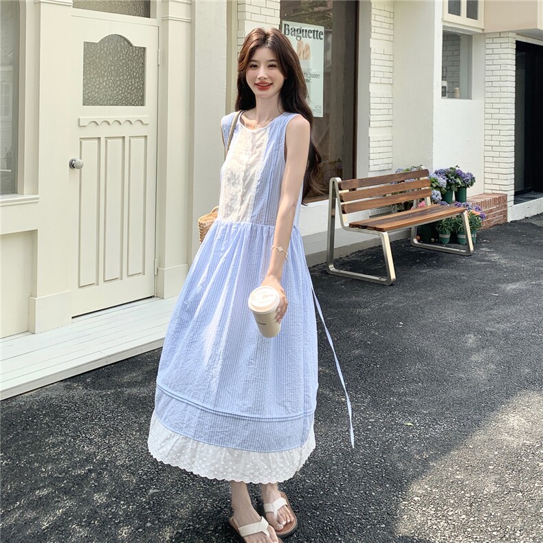 上新韩系蕾丝花边拼背心条纹无袖连衣裙2C050-1272-P135-K188,女装连衣裙,2C050
