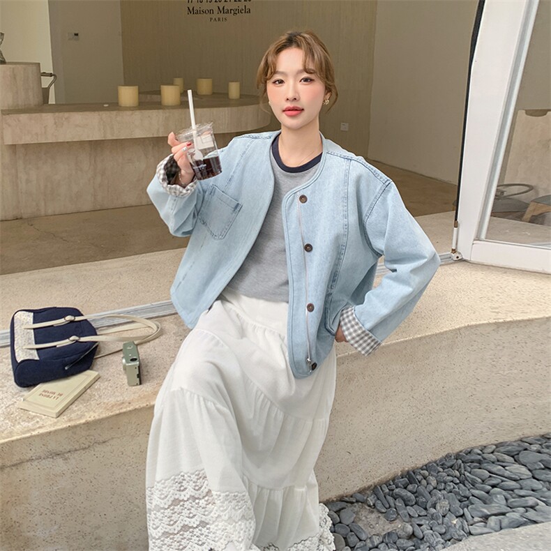 蓝色小个子格纹拼接牛仔外套女2025春新款设计感圆领休闲宽松上衣,女装短外套,2C277