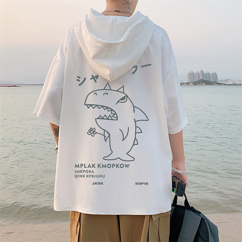 LD54092-P45 连帽短袖t恤男大码胖子带帽五分袖中袖图片