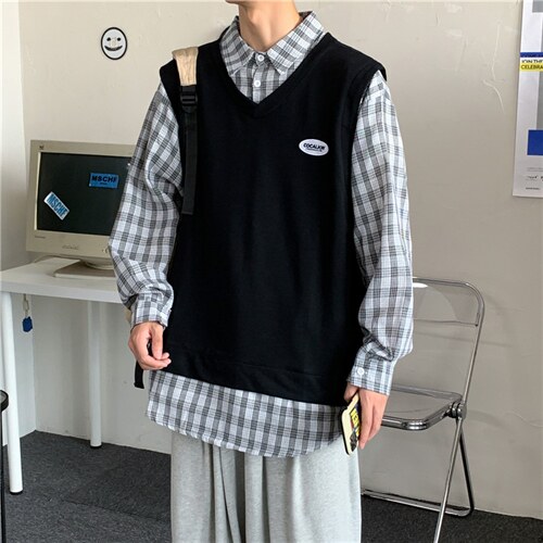卫衣男潮牌假两件ins格子外套韩版宽松港风套头女衣服WY3310-p40图片