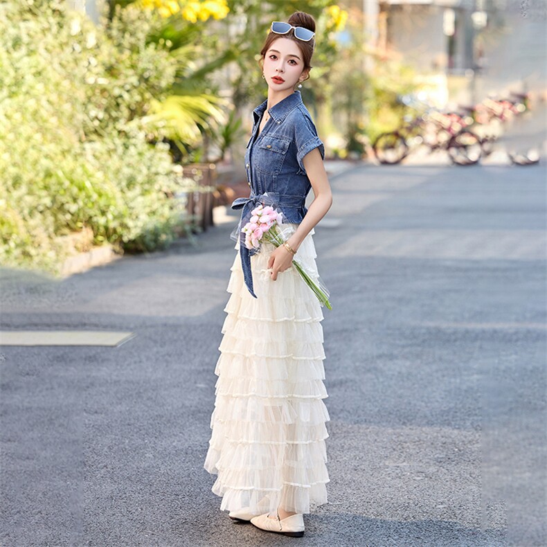 牛仔连衣裙2025年夏季新款气质小香风网纱蛋糕半身裙女,女装连衣裙,依多米
