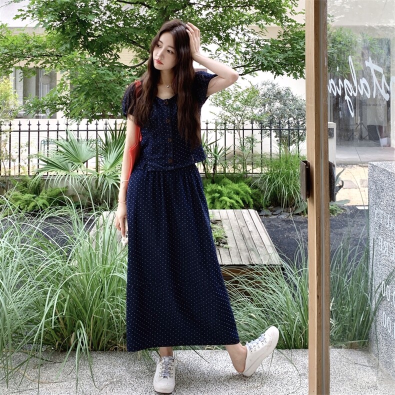 韩系甜美波点牛仔两件套装女2025夏季新款小个子泡泡袖上衣半身裙,女装套装/套裙,2C176