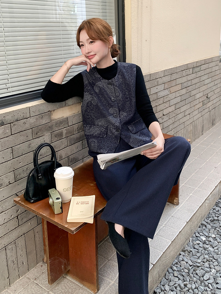 新款复古印花马甲阔腿裤三件套,女装套装/套裙,2D075