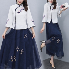 芷墨2022原创春季新款复古刺绣民族风套装时尚简约两件套装裙，女装套装/套裙，芷墨服饰