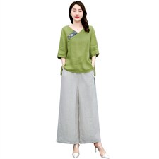 高端时尚棉麻阔腿裤套装女2024夏季新款复古刺绣民族风亚麻两件套，女装套装/套裙，凝聚力