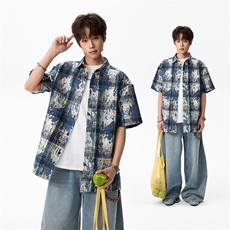 夏翻领扎染格子衬衫短袖X61302-TP22不长袖V3072-TP23不，男装T恤，电商A102