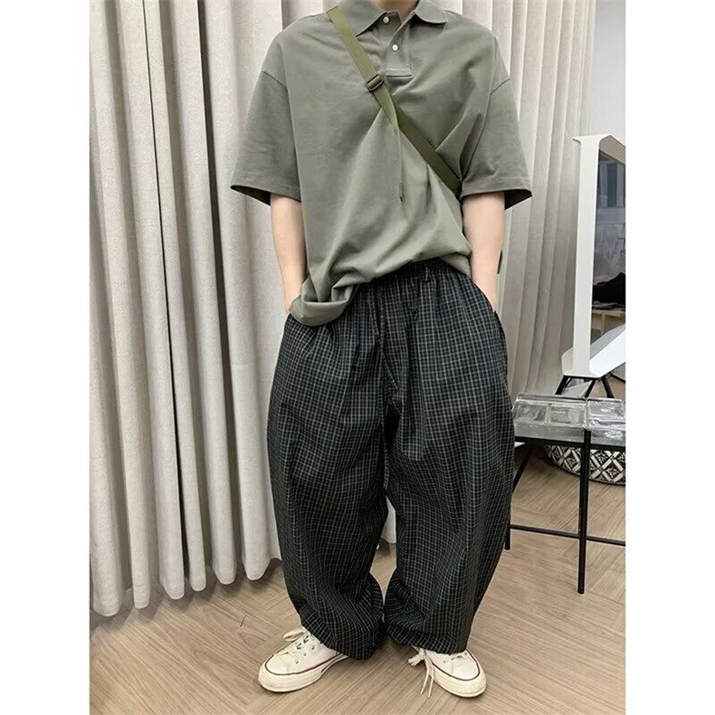 网图现货美式宽松灰色格子阔腿休闲裤男K0056/P48,男装休闲裤,星座205-3