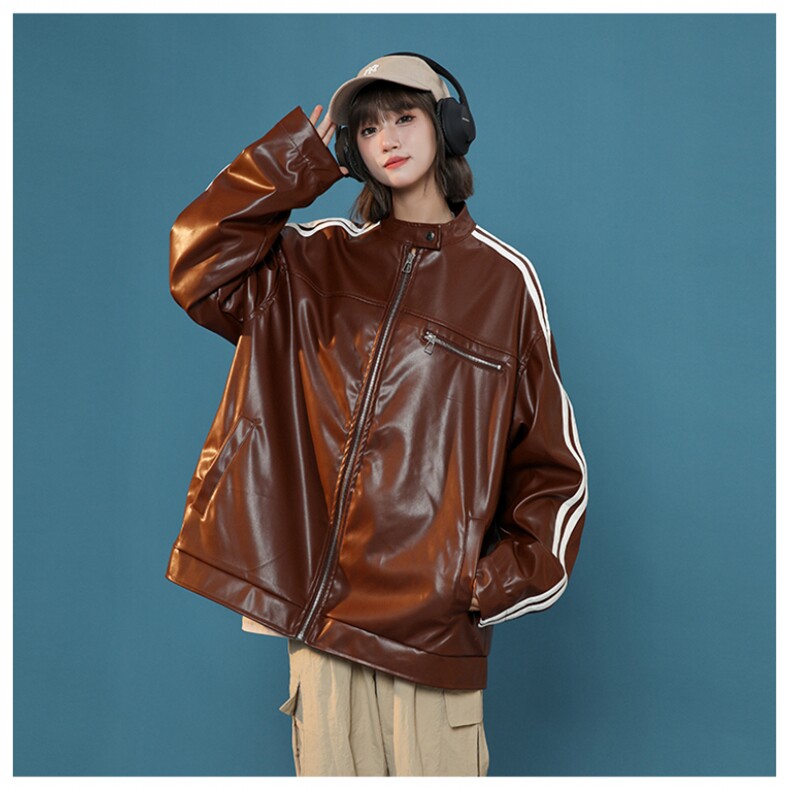 美式撞色条纹小立领PU皮衣情侣机车服夹克外套JK2315-P98控128,男装夹克,星座221-1