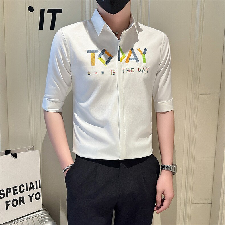 店主风社会小伙男绣花七分袖衬衫男士休闲衬衣301A-1/CS565/P55图片