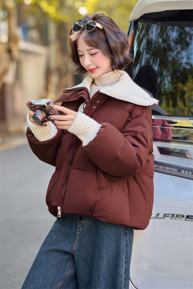 针织大翻领短款羽绒服女2024冬季新款小个子超好看白鸭绒保暖外套,女装羽绒服,雅静靓衣